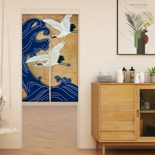 Miniatura 2 de LIGICKY Cortina de puerta Noren japonesa retro de lino blanco con estampado de ondas azules, tratamiento de ventana asiática, tapiz de puerta