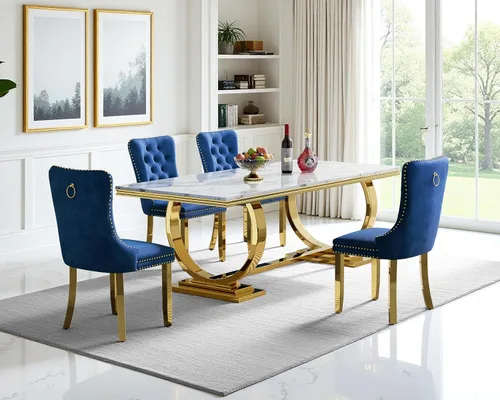 Miniatura 21 de Juego de mesa de comedor de 5 piezas para 4, mesa de cocina de mármol negro de 68 pulgadas con 4 sillas beige, mesa de comedor rectangular moderna