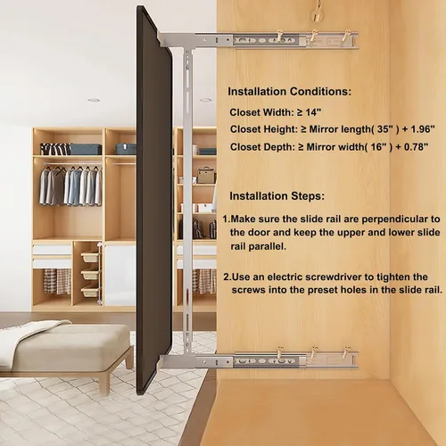 Miniatura 6 de Espejo de armario Hideaway - Espejo retráctil de longitud completa, 35 x 16 pulgadas, montado en la pared, adecuado para dormitorio, vestuario
