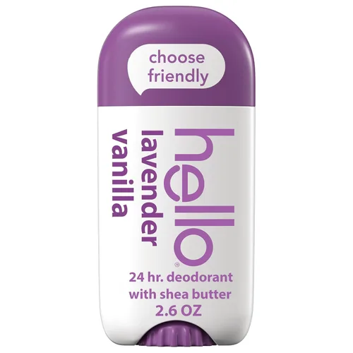 hello Desodorante de lavanda y vainilla sin aluminio para mujeres y hombres con manteca de karité, frescura de 24 horas, desodorante sin bicarbonato