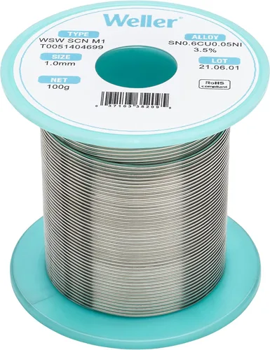Weller WSW SCN M1 (T0051404699) Alambre de soldadura, diámetro: 1,0 mm / 0,039 in, peso: 100 g / 3,527 oz, aleación Sn99.3Cu0.6Ni0.05, contenido de