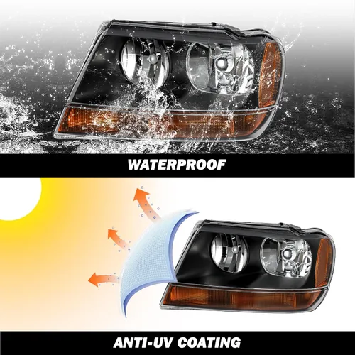 Miniatura 7 de SOCKIR Conjunto de faros delanteros compatible con Jeep Grand Cherokee 1999-2004 halógeno (carcasa negra, parte inferior ámbar, con bombillas)