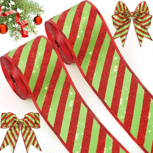 Unittype 2 rollos de cintas con purpurina de bastón de caramelo de Navidad de 2.5 pulgadas, cintas con purpurina para decoración de árbol de