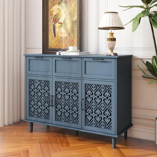 Miniatura 9 de LUMISOL Aparador de buffet, armario de almacenamiento de madera maciza con 2 puertas y 3 cajones, mesa consola retro con almacenamiento para Azul