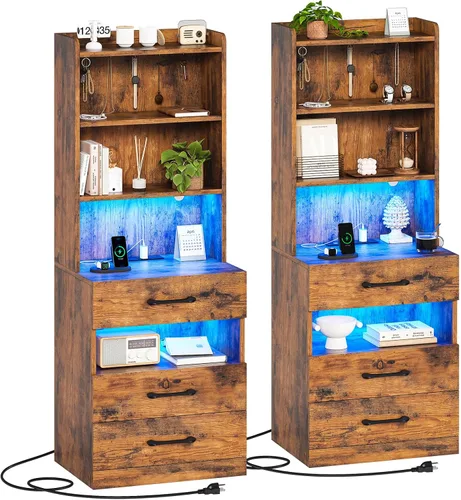 Miniatura 13 de AOGLLATI Mesita de noche alta con estación de carga y luces LED, mesita de noche con 3 cajones y estantes de almacenamiento, mesita de noche