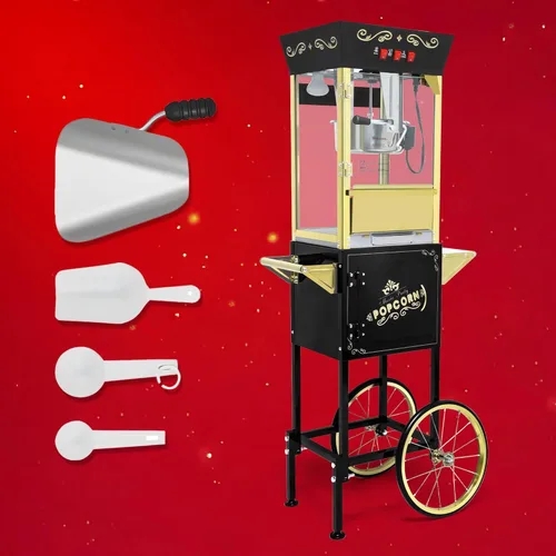 Miniatura 4 de Máquina de palomitas de maíz de 12 onzas con carrito, máquina de palomitas vintage con soporte, ruedas, hervidor de acero inoxidable, cajón de Negro