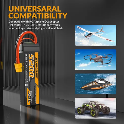 Miniatura 3 de SUPULSE Batería Lipo de 7.4 V 2S 5200mAh 50C RC Batería con enchufe XT60 para avión RC Barco RC Truck RC (2 paquetes)