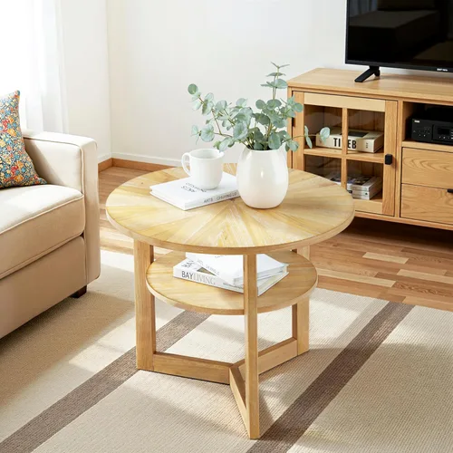 Miniatura 9 de Mesa de café redonda, mesa de café circular de madera de 35" con estante de almacenamiento, mesa central de 2 niveles para sala de estar
