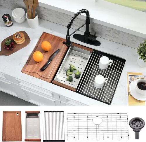 Miniatura 13 de Fregadero de cocina dorado de 32 x 19 pulgadas, acero inoxidable de calibre 16, fregadero de cocina dorado de 10 pulgadas de profundidad, incluye