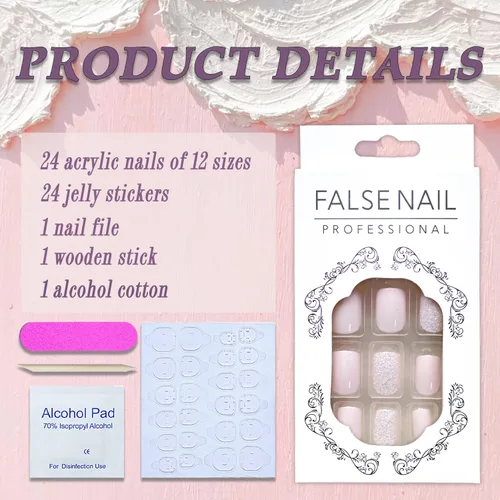Miniatura 2 de Uñas postizas cuadradas cortas a presión, color rosa, de cobertura completa, uñas acrílicas brillantes con purpurina, lindas uñas postizas