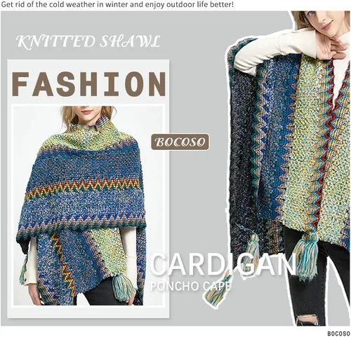 Miniatura 8 de Capa tipo poncho de punto para mujer, cárdigan de punto con flecos para otoño e invierno