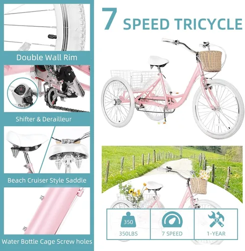 Miniatura 4 de Triciclos para adultos para adultos, triciclos para adultos de 7 velocidades, bicicleta de 3 ruedas de 20/24/26 pulgadas con canasta, bicicletas