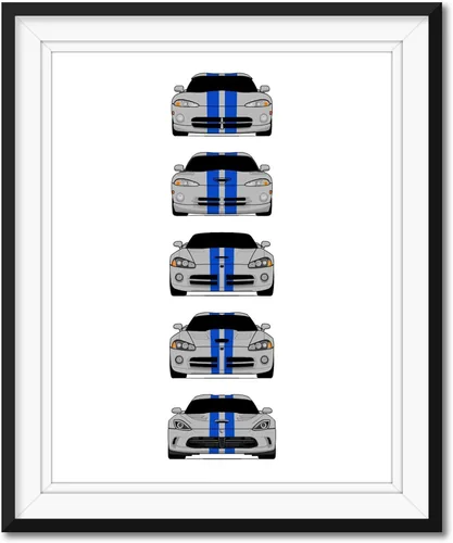 Miniatura 2 de Custom Car Posters Póster hecho a mano compatible con Dodge Viper Generations e impresión de Viper R/T GTS SRT10, color rojo con rayas blancas, 3.