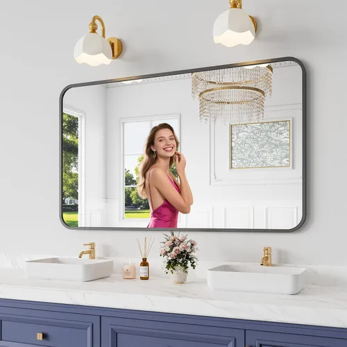 Miniatura 46 de Koonmi Espejo de baño, 30 x 30 pulgadas, espejo con marco de metal negro para baño, vidrio templado, antioxidante, espejo rectangular redondeado