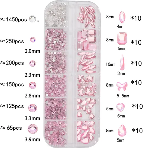 Miniatura 2 de Kit de diamantes de imitación de cristal 3D rosa claro multiformas para uñas, mezcla de 0.031 in, cuentas redondas plateadas para uñas, gemas