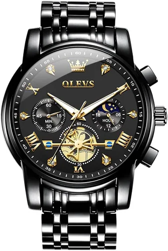 OUPINKE Mens Watches Fashion Sport WristWatches Multifunction Chronograph Analog Quartz Luminous Waterproof Calendar Stainless Steel Bracelet