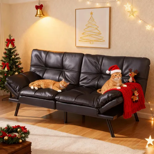 Miniatura 7 de Opoiar Sofá cama tipo futón de cuero negro convertible con espuma viscoelástica, juego de futón plegable y moderno para estudio, Drom, apartamento
