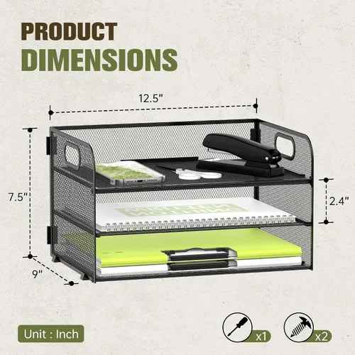 Miniatura 3 de Daltack Organizador de papel de 3 niveles con asa, organizador de escritorio de malla, bandeja de cartas, organizador de archivos para carpetas A4