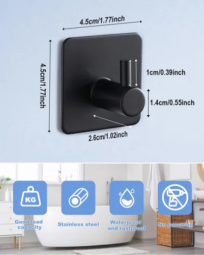 Miniatura 3 de Paquete de 4 ganchos adhesivos, gancho negro para toallas para baños, gancho de pared de acero inoxidable resistente, gancho impermeable para colgar