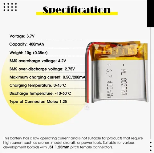 Miniatura 3 de 802525 3.7V 400mAh LiPo Batería - Batería recargable de polímero de litio con placa de protección y conector Micro JST 1.25 para dispositivo