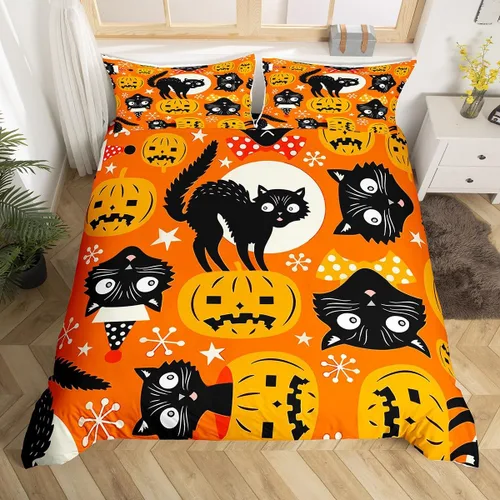 Miniatura 3 de Feelyou Funda de edredón de Halloween, tamaño individual, con 1 funda de almohada, decoración de Halloween, juego de ropa de cama con estampado