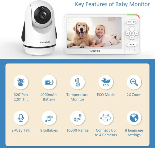 Miniatura 2 de Monitor de bebé, monitor de bebé de video de 5 pulgadas con cámara y audio, batería de 32 horas, sin WiFi, comunicación bidireccional, sensor