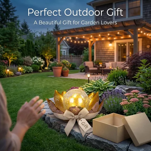 Miniatura 8 de DUSVALLY Luz solar de jardín flor de loto con globo de cristal agrietado, lámpara decorativa de metal para exteriores, luz LED impermeable