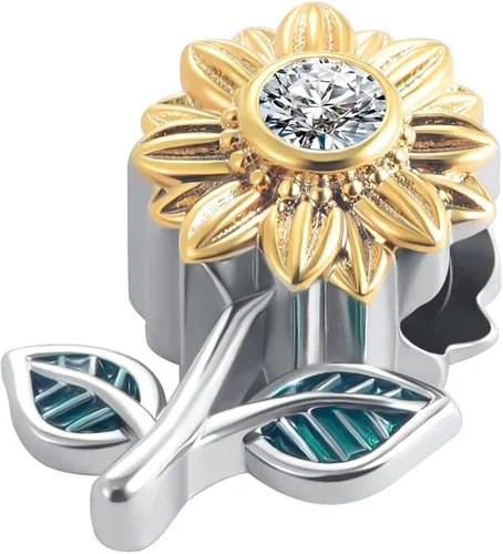 Miniatura 3 de QeenseKc Abalorio de girasol abierto de oro con cuentas de esmalte de flor CZ para Pandora y pulseras europeas