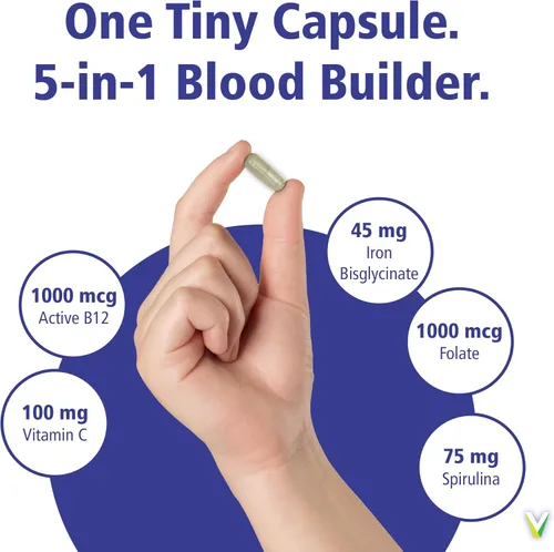 Miniatura 2 de Vitality Power Iron + Spirulina Hierro de 45 mg Constructor de sangre Apoyo a la deficiencia de hierro Vegano Suplemento natural Suave