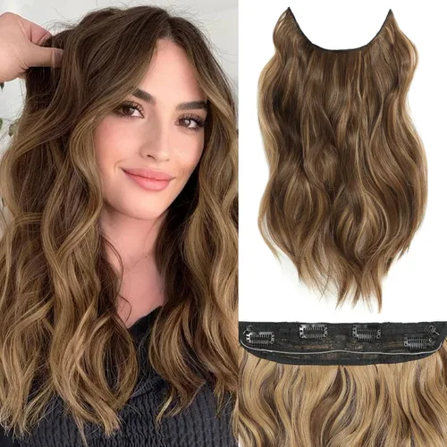 Miniatura 40 de Extensiones de cabello con halo de 12 pulgadas con alambre invisible, cabello largo ondulado ajustable, sintético, mejora con 4 clips de seguridad
