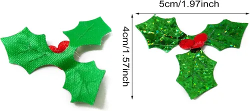 Miniatura 2 de Honbay 100 piezas de hojas de acebo brillantes de Navidad, pequeñas hojas verdes de acebo y bayas rojas, apliques de confeti, adornos de tela láser