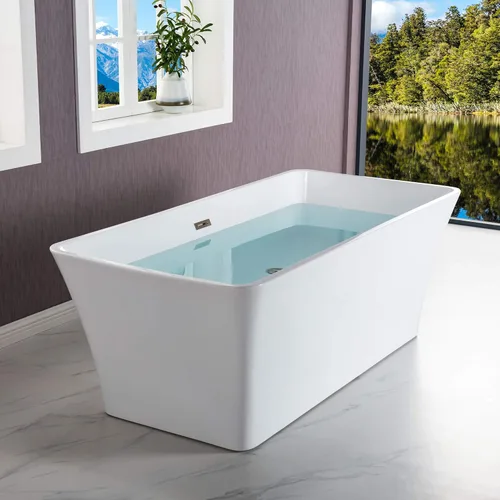 Miniatura 15 de WOODBRIDGE BTA1509 - Bañera independiente de acrílico de 59 pulgadas, bañera blanca de remojo contemporáneo con desbordamiento y drenaje de níquel