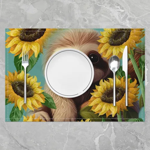Miniatura 2 de Juego de 4 manteles individuales con diseño de perezoso y girasol, flores amarillas y plantas naturales, lavables, 12 x 18 pulgadas para decoración