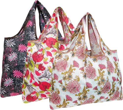 Miniatura 44 de alldyrew - Bolsa plegable para compras, reutilizable de nailon grande, 3 unidades Deliciosos alimentos