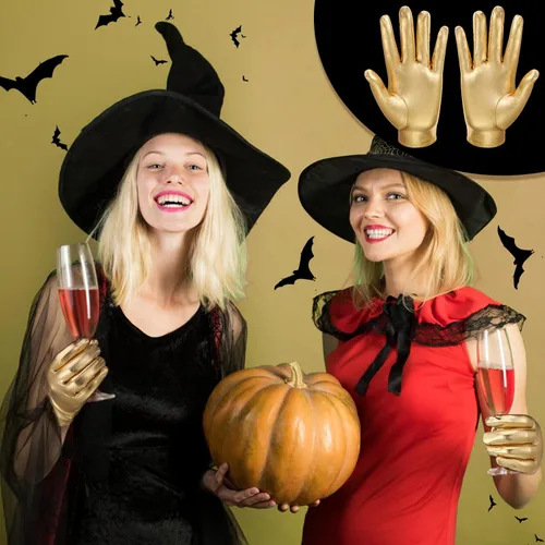 Miniatura 5 de Jiuguva 5 pares de guantes metálicos para disfraz de Halloween, cortos, brillantes, de princesa, elásticos, para mujeres, niños, fiesta, Halloween