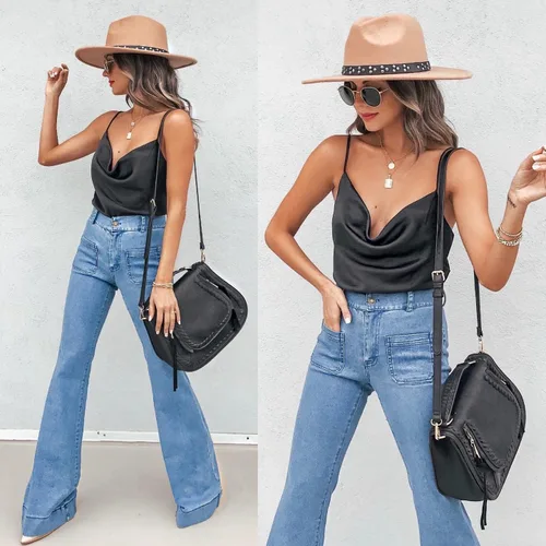 Miniatura 2 de Aoulaydo Camisola de satén con tirantes delgados y cuello en V para mujer, con cuello vuelto, camisola de seda, sin mangas