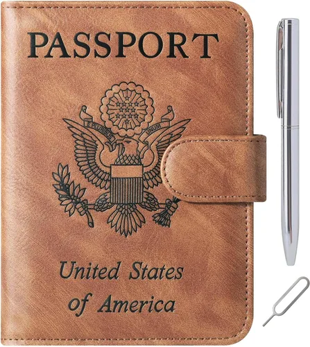 Miniatura 16 de Funda para pasaporte, cartera, artículos esenciales de viaje, de cuero, estuche con bloqueo RFID, equipaje de vacaciones, artículos imprescindibles