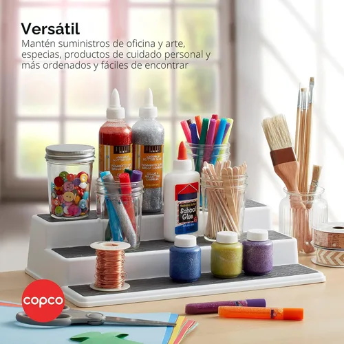 Miniatura 5 de Copco Organizador de especias antideslizante de 3 niveles para armario de cocina o despensa, estante escalonado de 15 pulgadas, blanco/gris, diseño
