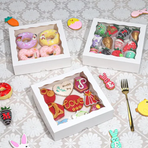 Miniatura 5 de RomanticBaking 15 cajas de panadería de 8 x 8 x 2 pulgadas con ventana, cajas de galletas cubiertas de chocolate, caja de fresas para panadería