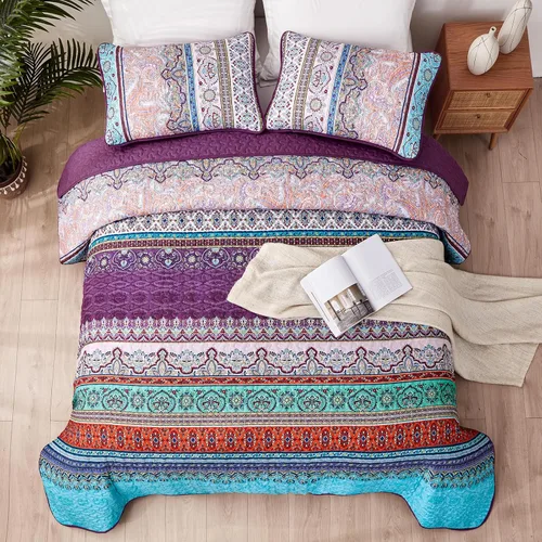 Miniatura 4 de WONGS BEDDING Juego de Colcha Morada Tamaño King, Juego de Colchas Bohemias a Rayas de 3 Piezas, Colcha Ligera de Microfibra para Todas las Púrpura