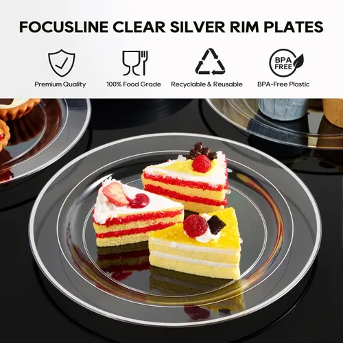 Miniatura 4 de FOCUSLINE 100 platos de plástico plateado transparente de 10 pulgadas, platos transparentes desechables con borde plateado, plato de plástico duro