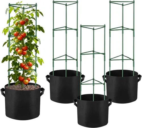 NNG 6 paquetes de jaulas de tomate de 48 pulgadas con bolsas de cultivo de 10 galones, jaulas de soporte para plantas de jardín, estacas de torre de