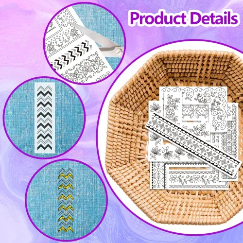 Miniatura 3 de ORIGACH 4 hojas de estabilizadores de patrones de bordado solubles en agua - Bordes y motivos preimpresos - Papel de bordado para pegar y coser