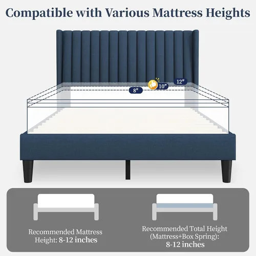 Miniatura 7 de Yaheetech Armazón de Cama Tamaño Completo, Cama Plataforma Tapizada con Cabecera de Borde Alado, Tela Acolchada Cuadrada/Base de Colchón/Soporte
