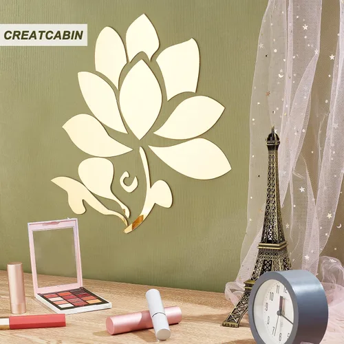 Miniatura 6 de CREATCABIN 2 calcomanías de pared de espejo acrílico 3D con diseño de flor de loto, autoadhesivas, removibles, ecológicas, para el hogar