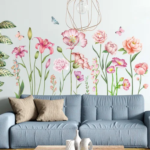 Miniatura 6 de Amaonm - Adhesivo de pared extraíble de flores frescas y mariposa voladora, libélula azul, rosa, lirio, amapola, peonía, floral, calcomanía de pared