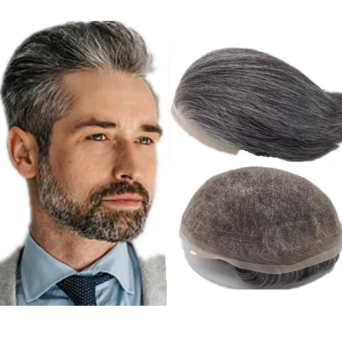 Miniatura 11 de 1B20 unidades de cabello gris Toupee para hombres piezas para hombre NLW sistema de reemplazo de heredero humano europeo para hombres 10x8 "toupee