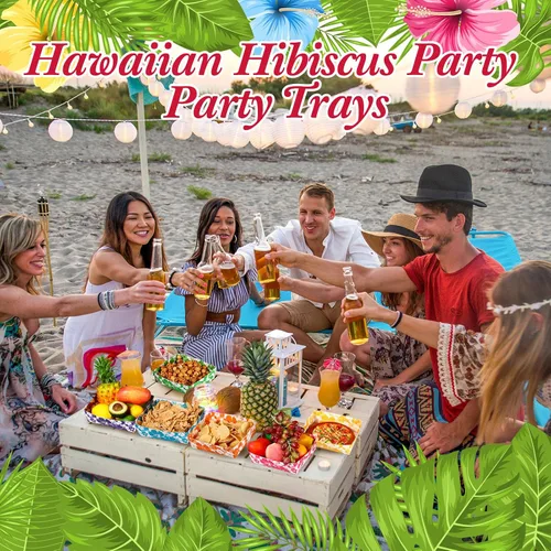 Miniatura 6 de Nitial 24 bandejas de papel de hibisco para fiestas, desechables, barcos de comida para fiestas, decoraciones temáticas hawaianas de 5 libras