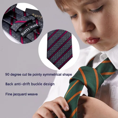 Miniatura 244 de Barry.Wang Corbata de niño regular seda tejida rayas sólido lazo bolsillo cuadrado
