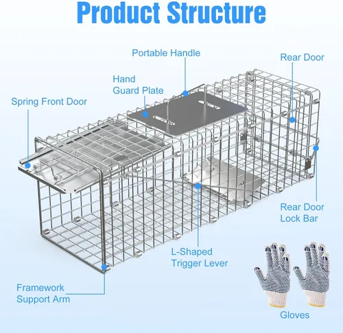 Miniatura 5 de Paquete de 2 trampas para animales humanos, trampa de jaula viva de 24 pulgadas para gatos y roedores, jaula de acero galvanizado plegable